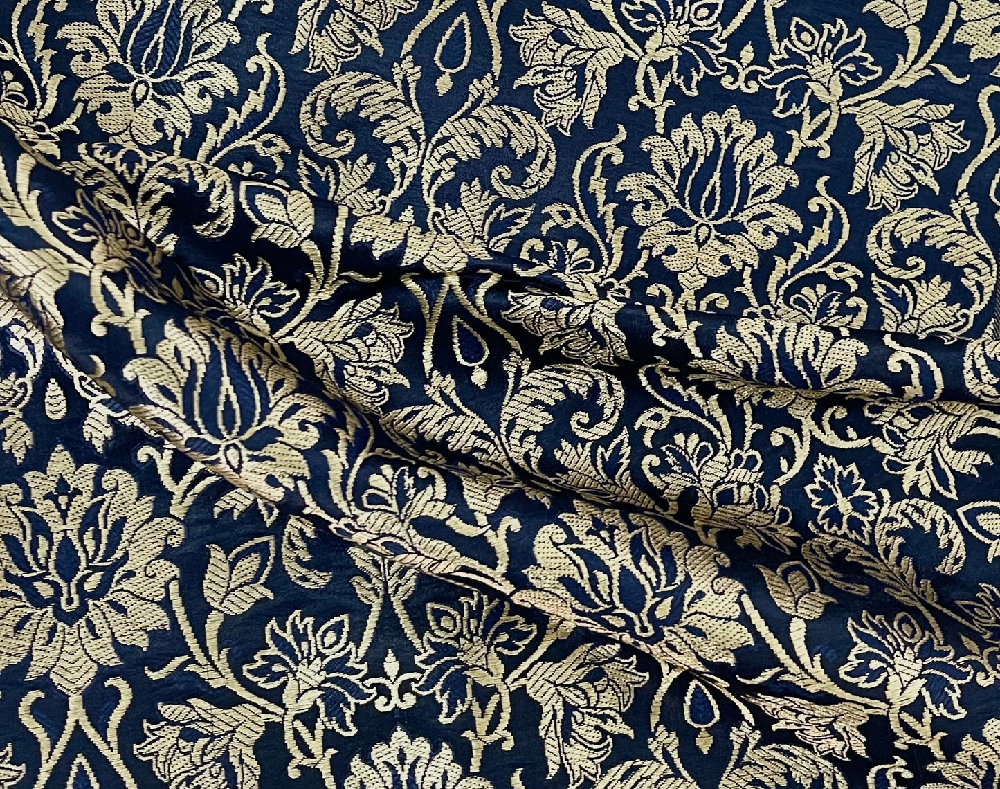 India Banarasi Brocade Fabric in Navy Blue and Gold color,  Multiple lengths will come in the continuous Piece - NF693