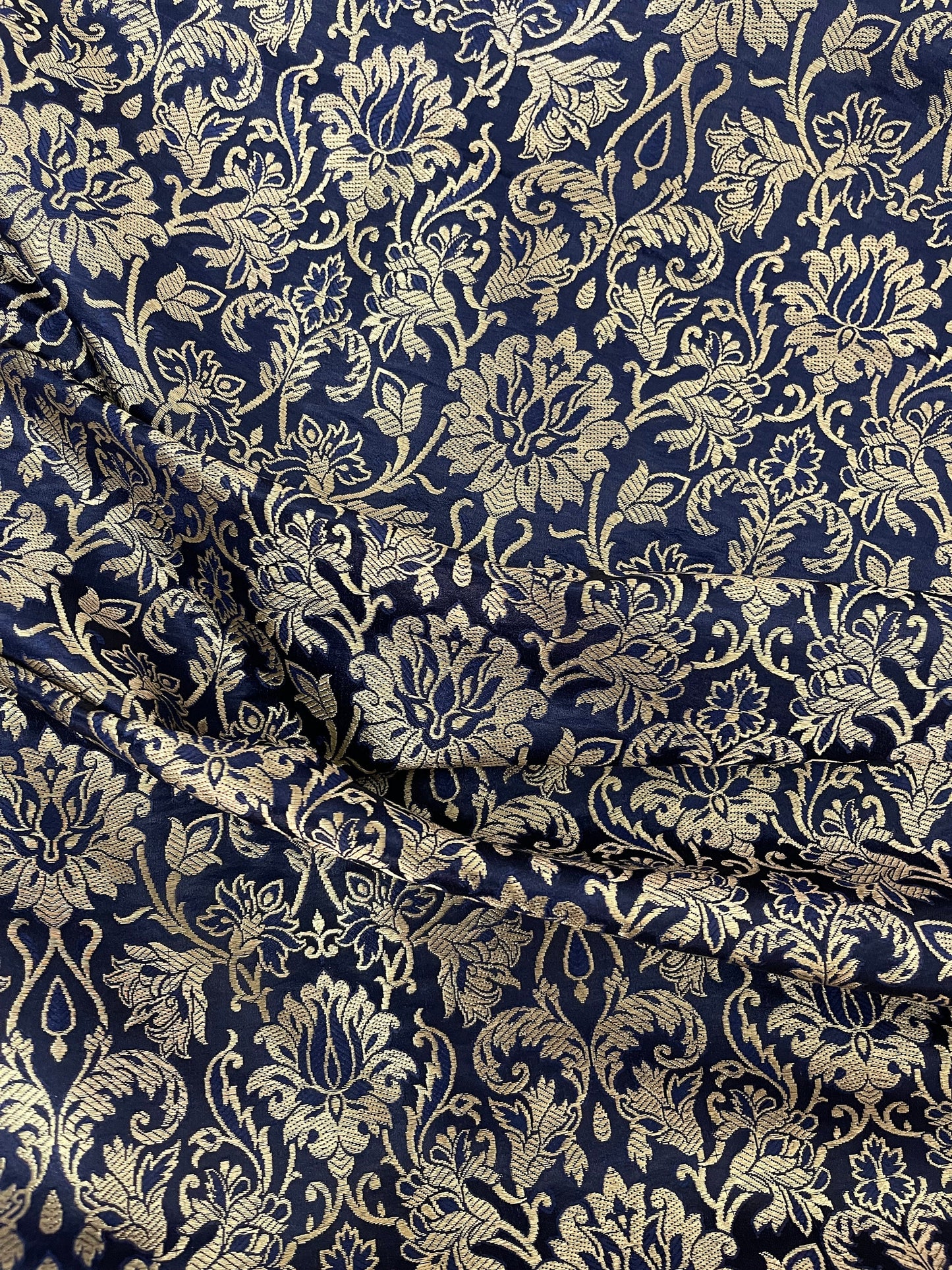 India Banarasi Brocade Fabric in Navy Blue and Gold color,  Multiple lengths will come in the continuous Piece - NF693