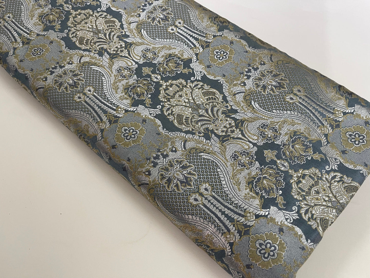 Indian Banarsri Brocade Fabric in Slate Gray and Silver color, Multiple lengths will come in the continuous piece - NF798