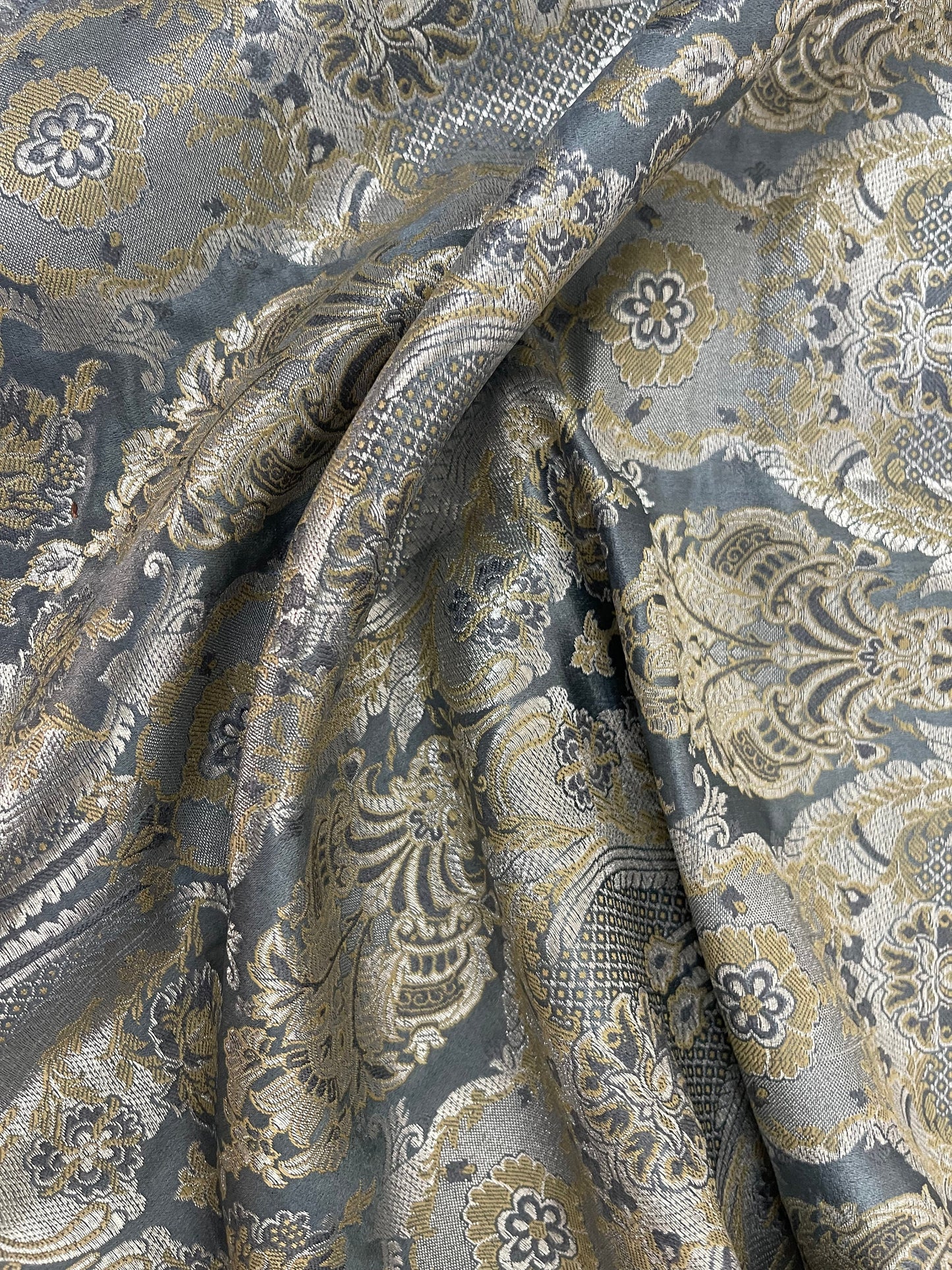 Indian Banarsri Brocade Fabric in Slate Gray and Silver color, Multiple lengths will come in the continuous piece - NF798