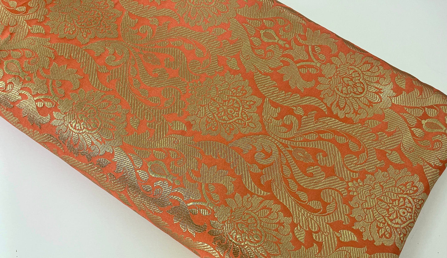 Indian Banarasi Brocade Fabric in Orange Coral and Gold color, Multiple lengths will come in the continuous Piece - NF666