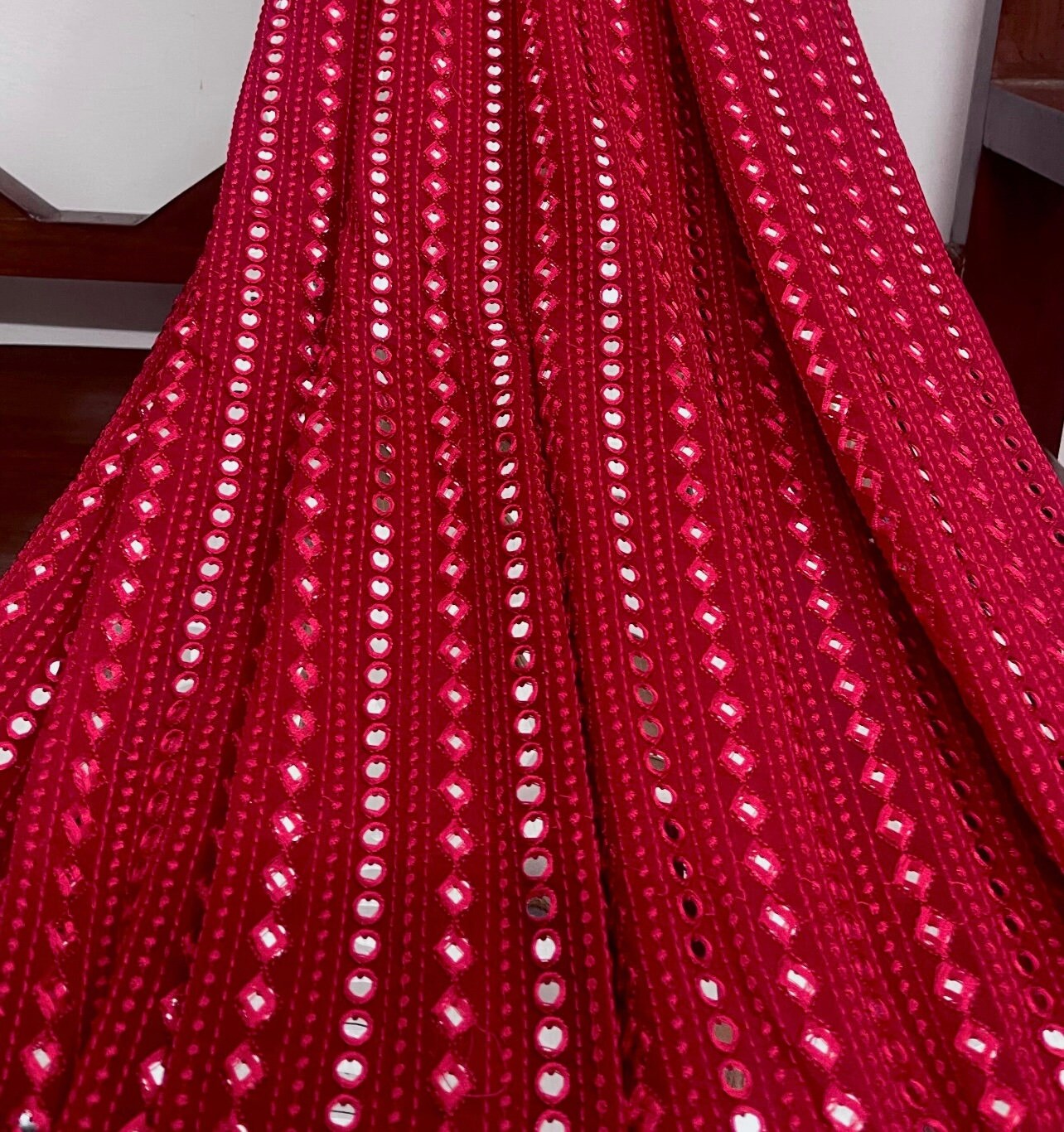 Embroidered Georgette Foil Mirror Fabric in Red color, Multiple lengths will come in the continuous Piece - NF735