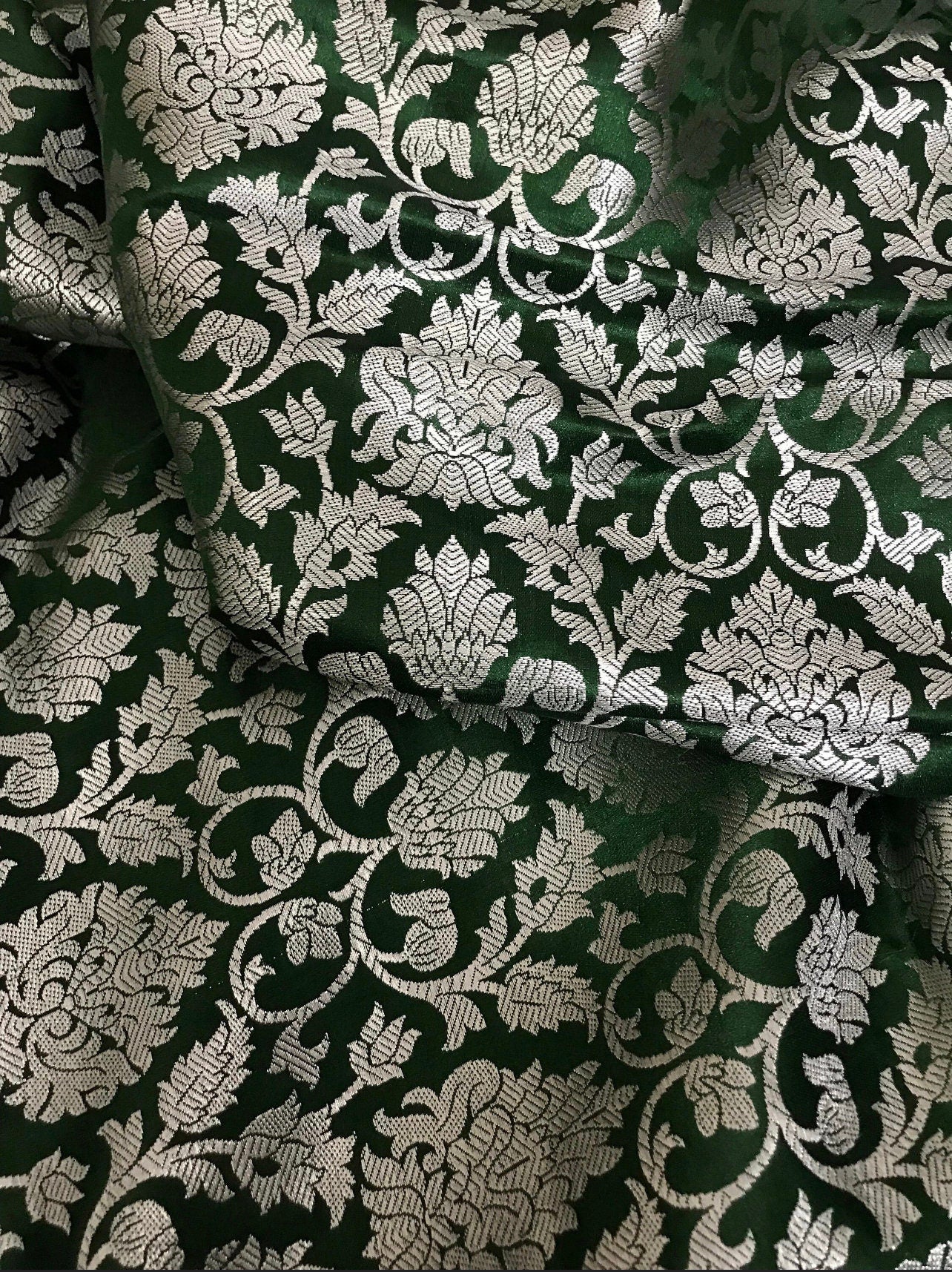 India Banarasi Brocade Fabric in Green and Silver Color, Multiple lengths will come in the continuous piece - NF670