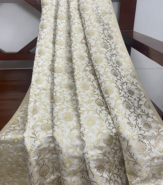 Indian Banarasi Brocade fabric in Off White And Gold color, Multiple lengths will come in a continuous piece - NF799