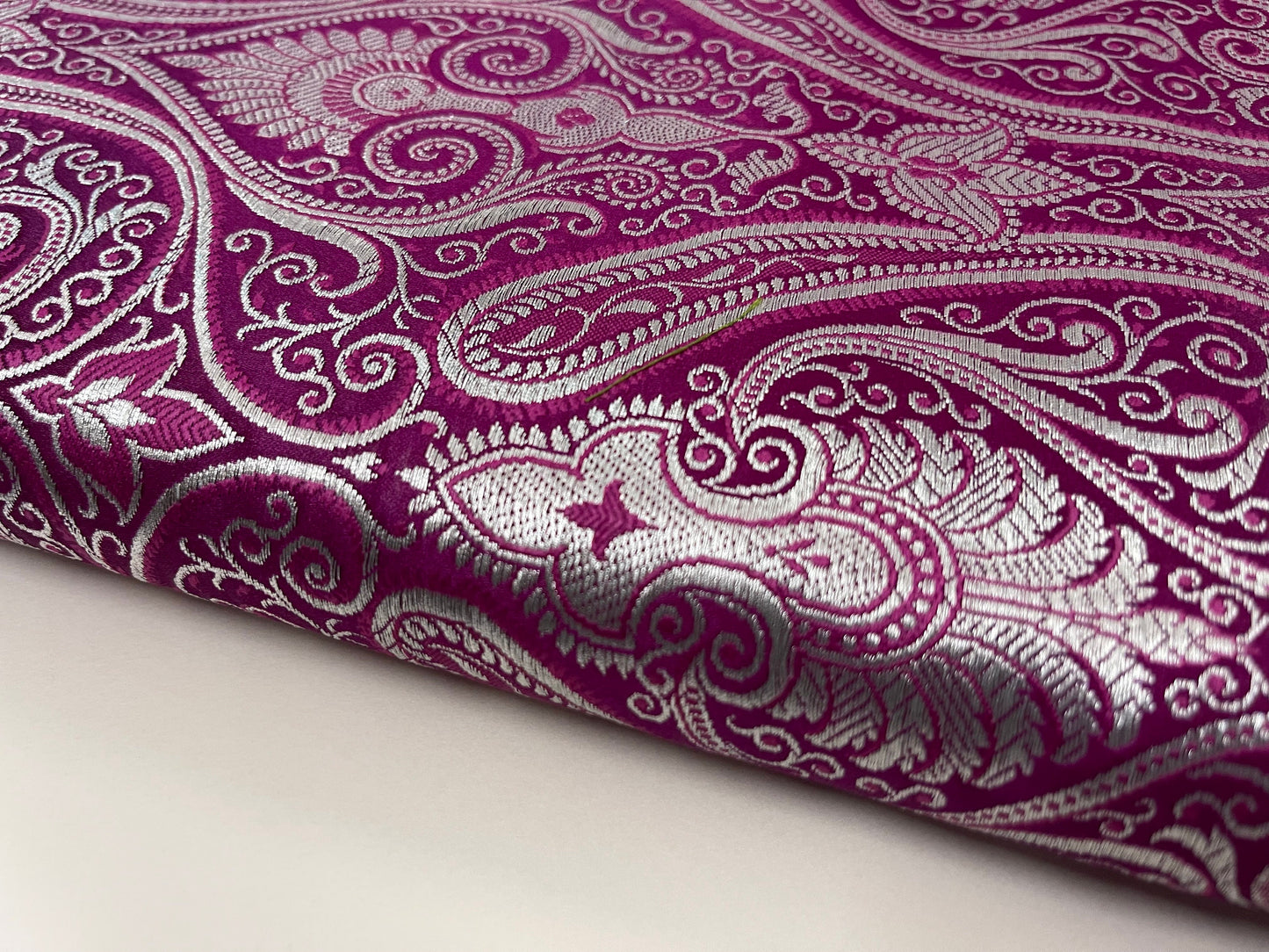 Indian Banarasi Brocade Fabric in Purple and Silver color,  Multiple lengths will come in the continuous piece  - NF744