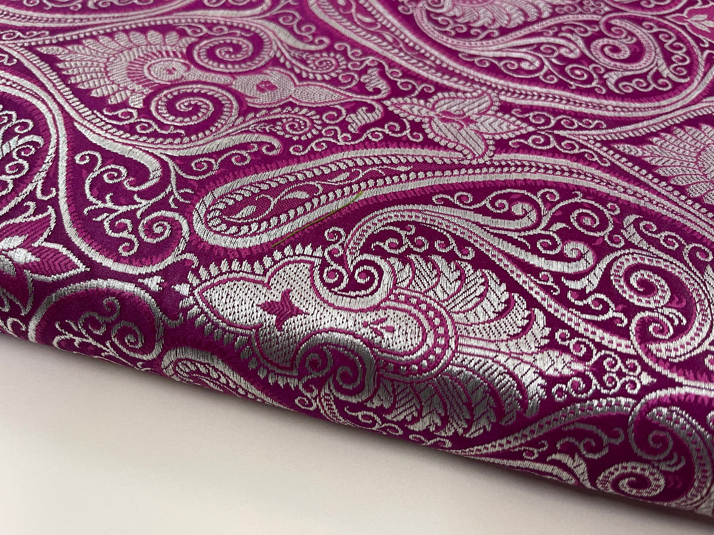 Indian Banarasi Brocade Fabric in Purple and Silver color,  Multiple lengths will come in the continuous piece  - NF744