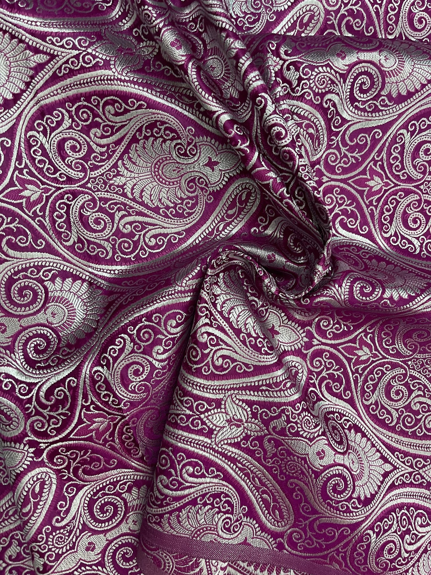 Indian Banarasi Brocade Fabric in Purple and Silver color,  Multiple lengths will come in the continuous piece  - NF744