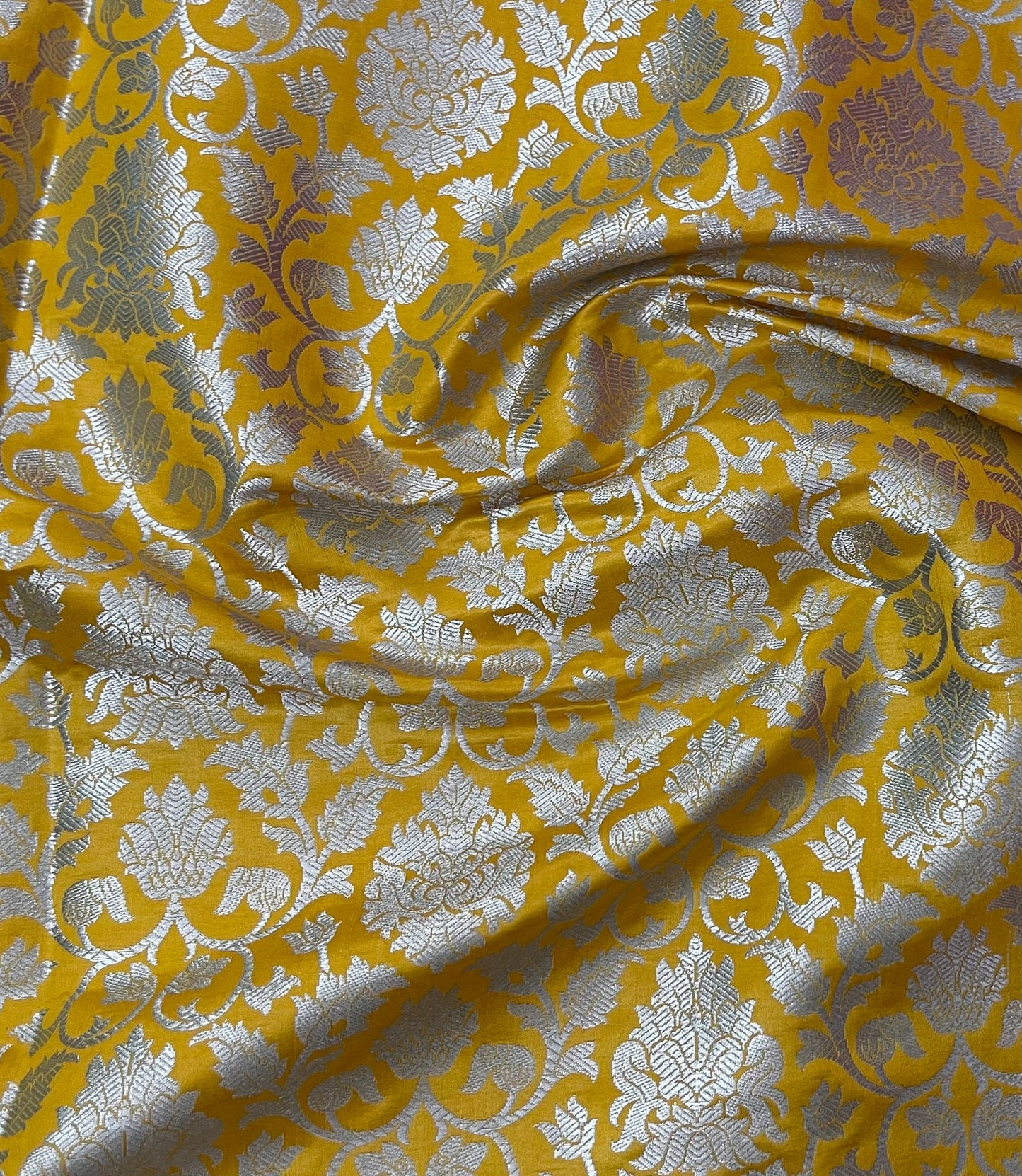 Indian Banarasi Brocade Fabric in Yellow and Silver color,  Multiple lengths will come in the Continuous Piece - NF745