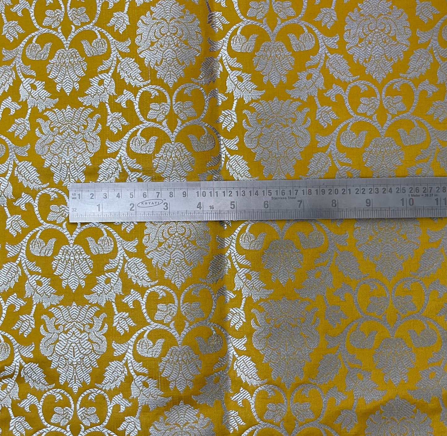 Indian Banarasi Brocade Fabric in Yellow and Silver color,  Multiple lengths will come in the Continuous Piece - NF745