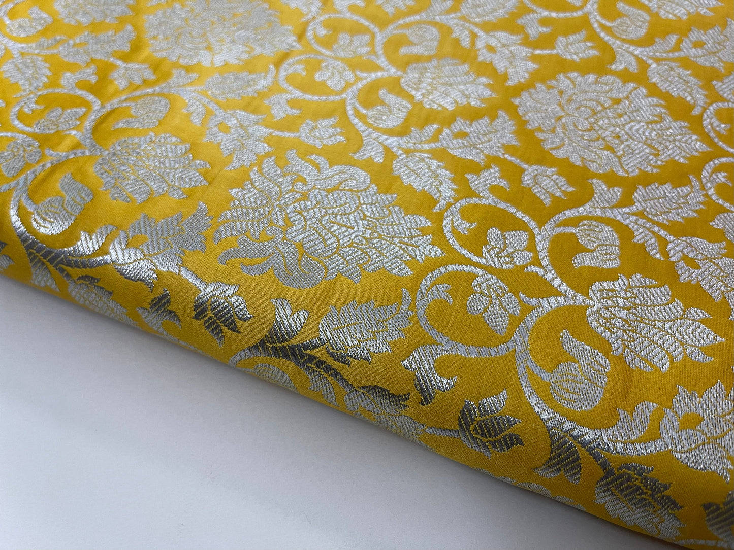 Indian Banarasi Brocade Fabric in Yellow and Silver color,  Multiple lengths will come in the Continuous Piece - NF745