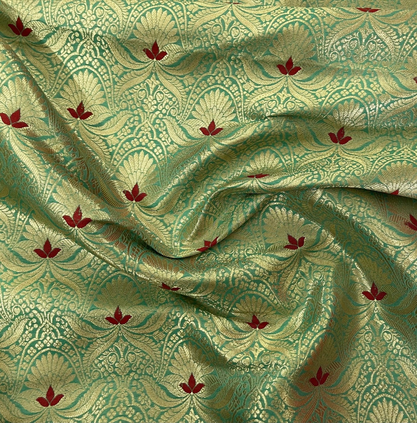 Indian Banarasi Brocade fabric in Green and Gold color, Multiple lengths will come in a continuous piece - NF727