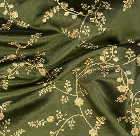 Indian Embroidered Fabric in Green & Gold color, Multiple lengths will come in a continuous piece - NF685