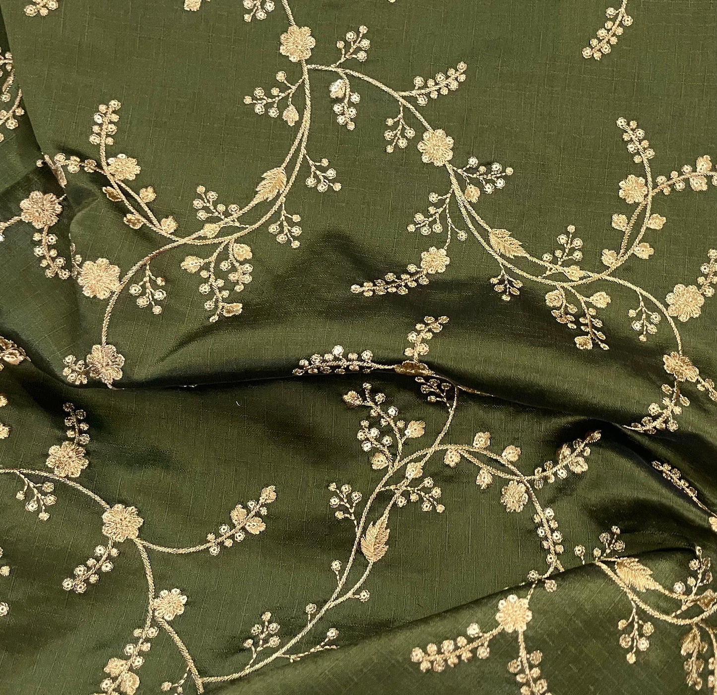 Indian Embroidered Fabric in Green & Gold color, Multiple lengths will come in a continuous piece - NF685