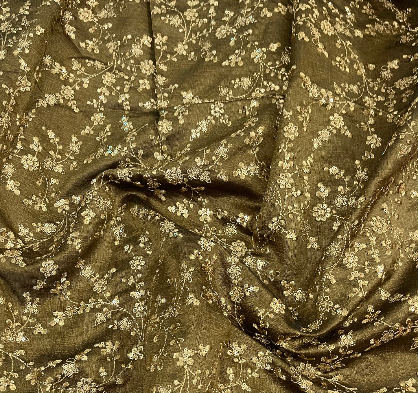 Indian Embroidered Fabric in Green & Gold color, Multiple lengths will come in the continuous piece NF758