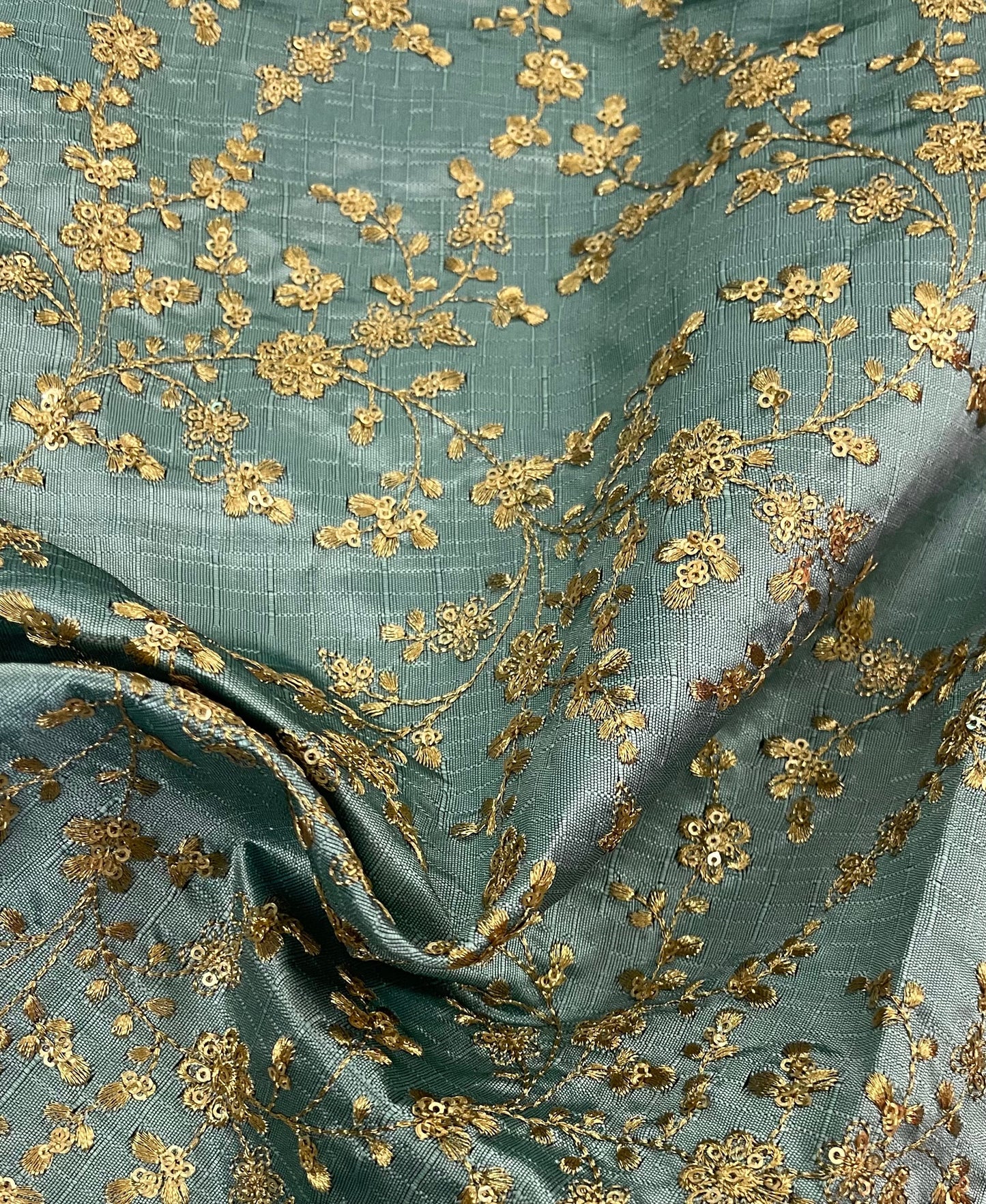 Indian Embroidered Fabric in Sage Green & Gold color, Multiple lengths will come in the continuous Piece - NF752