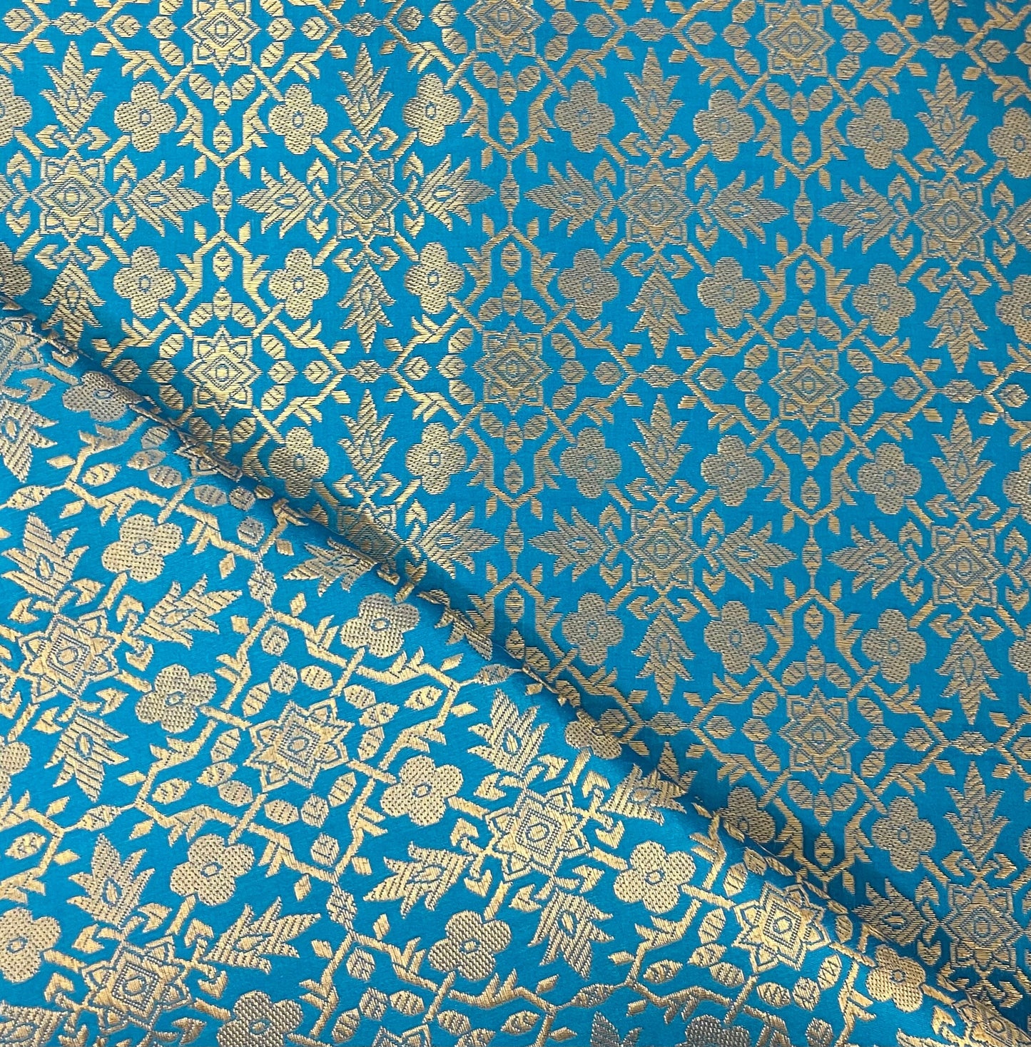 Indian Banarasi Brocade Fabric in Blue and Gold color, Multiple lengths will come in the Continuous Piece  - NF754