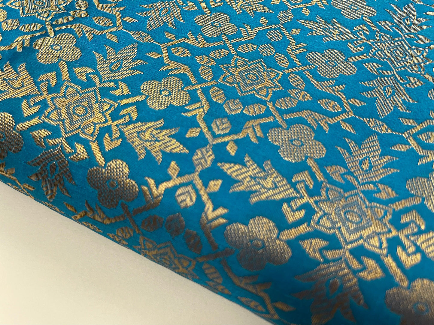 Indian Banarasi Brocade Fabric in Blue and Gold color, Multiple lengths will come in the Continuous Piece  - NF754