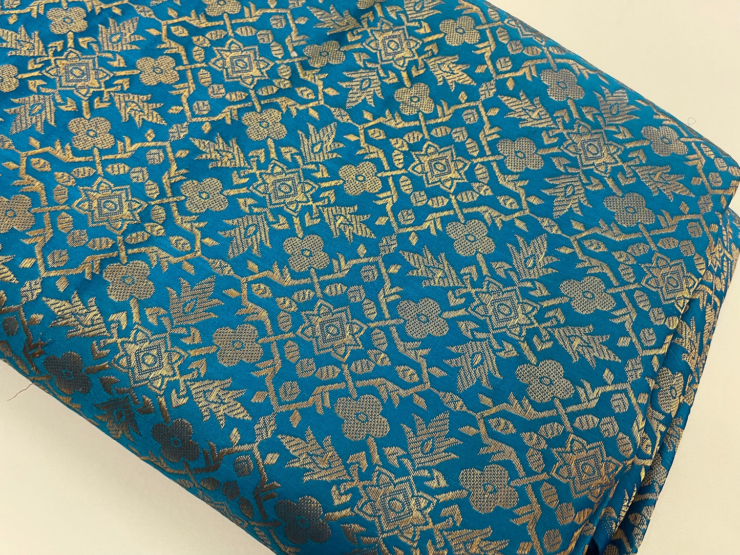 Indian Banarasi Brocade Fabric in Blue and Gold color, Multiple lengths will come in the Continuous Piece  - NF754