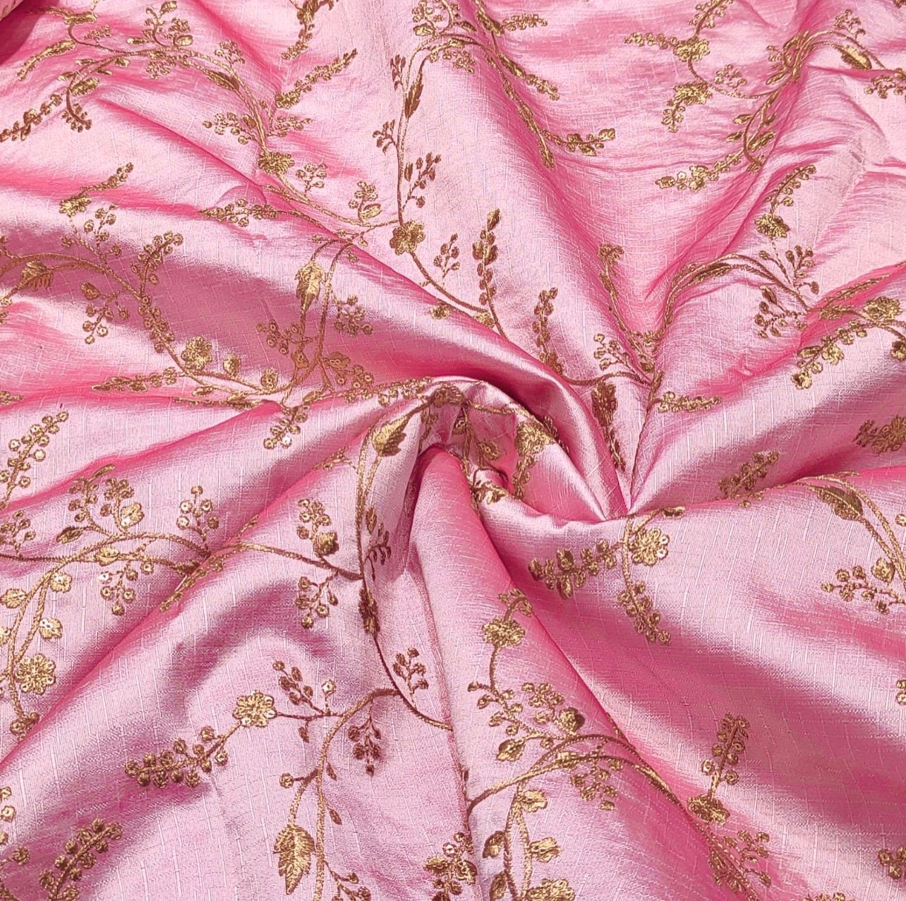 Pink and gold embroidered fabric, Haute couture, Embroidery design, Thread embroidery, Wedding dress, Bridesmaid dress, Gold flower - NFAF697