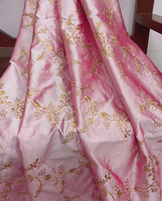 Indian Embroidered Fabric in Pink and gold color, Multiple lengths will come in the continuous piece - NF697