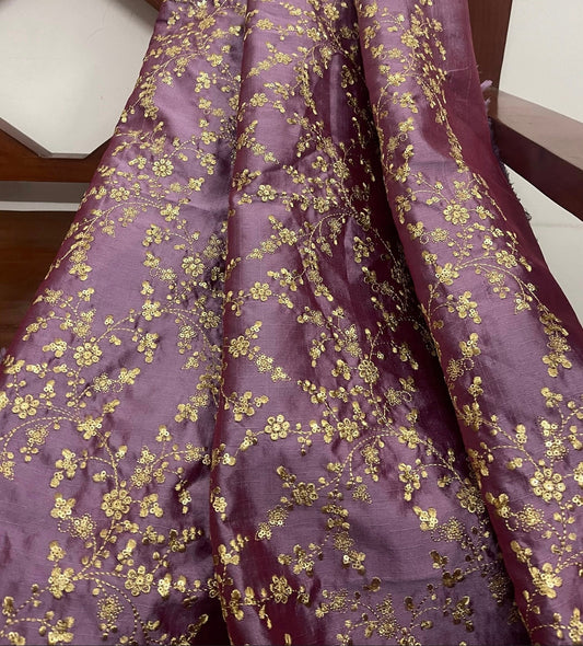 Purple & gold embroidered fabric, Wedding dress, Gold flower, Indian fabric, Thread embroidery, Royal fabric, Handmade - NFAF473