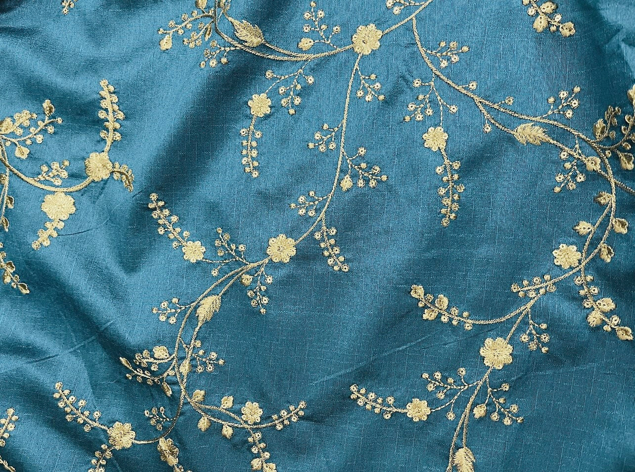 Indian Embroidered Fabric in Blue & Gold color, Multiple lengths will come in the continuous piece - NF698