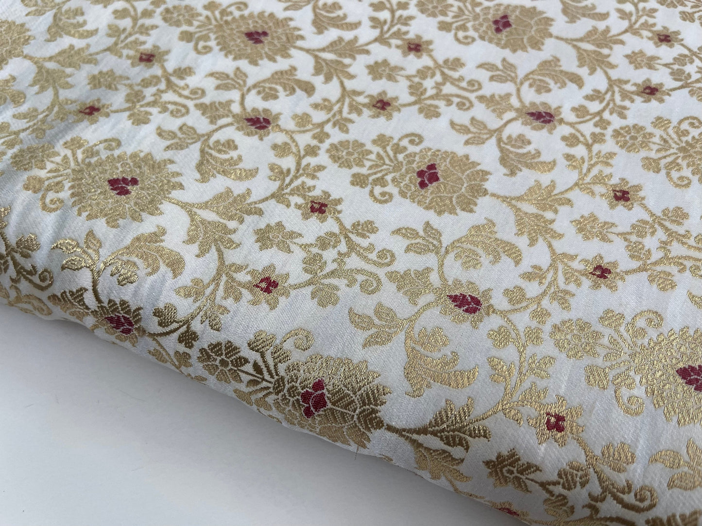 Indian Banarasi Brocade Fabric in Off White and Gold color, Multiple lengths will come in a continuous piece - NF703