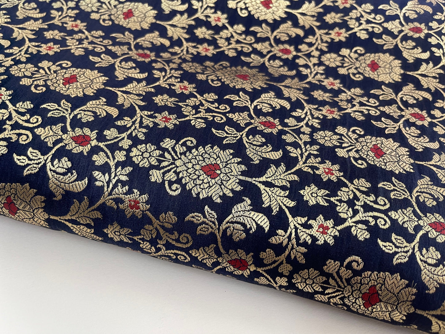 India Banarasi Brocade Fabric in Navy Blue and Gold color,  Multiple lengths will come in the continuous Piece - NF704