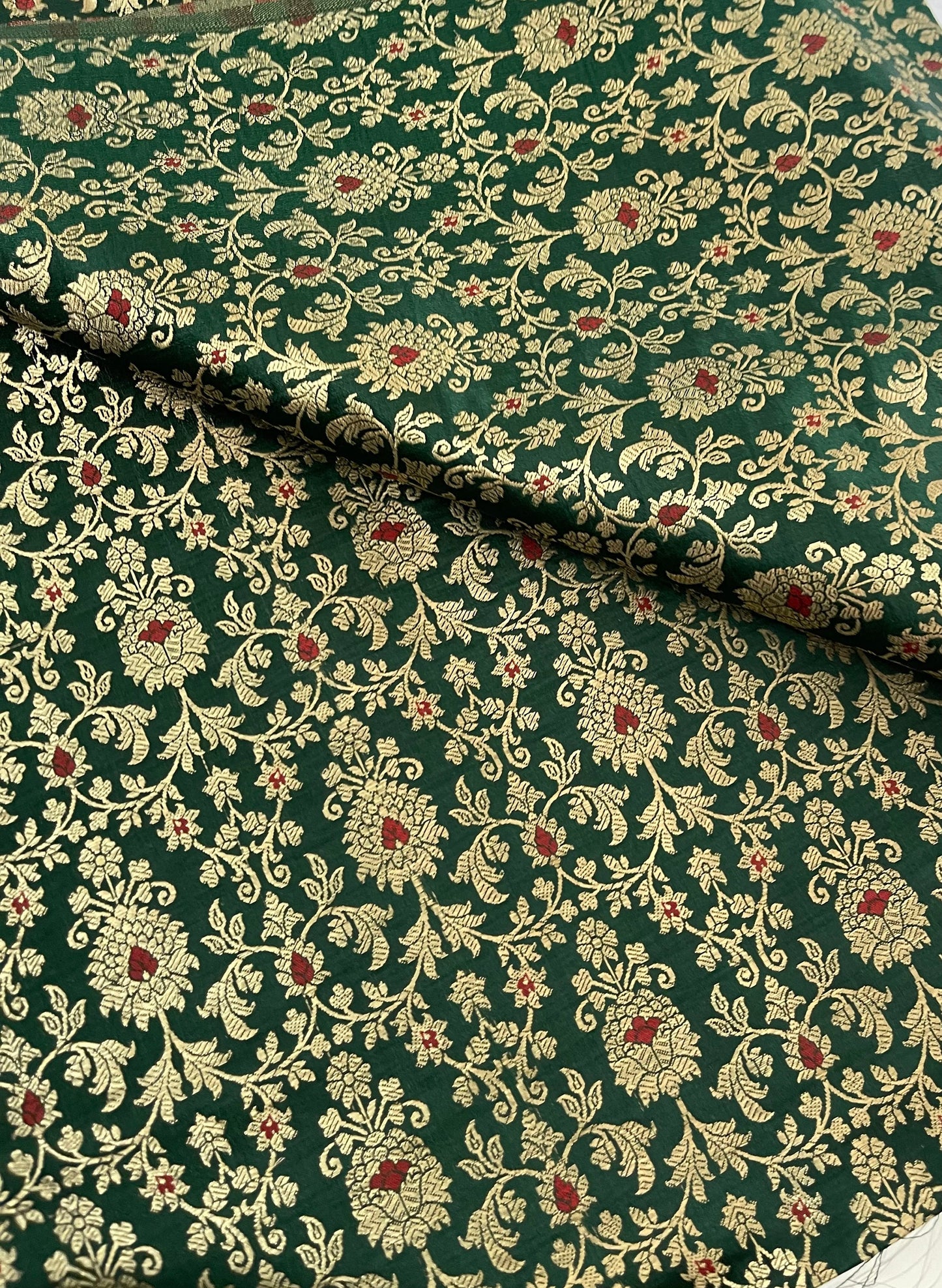 Indian Banarsi Brocade Fabric in Green and Gold color, Multiple lengths will come in the continuous piece - NF707