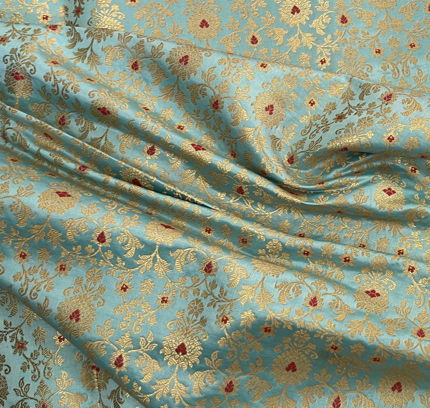 Indian Banarasi Brocade Fabric in Green and Gold color, Multiple lengths will come in the continuous Piece - NF702