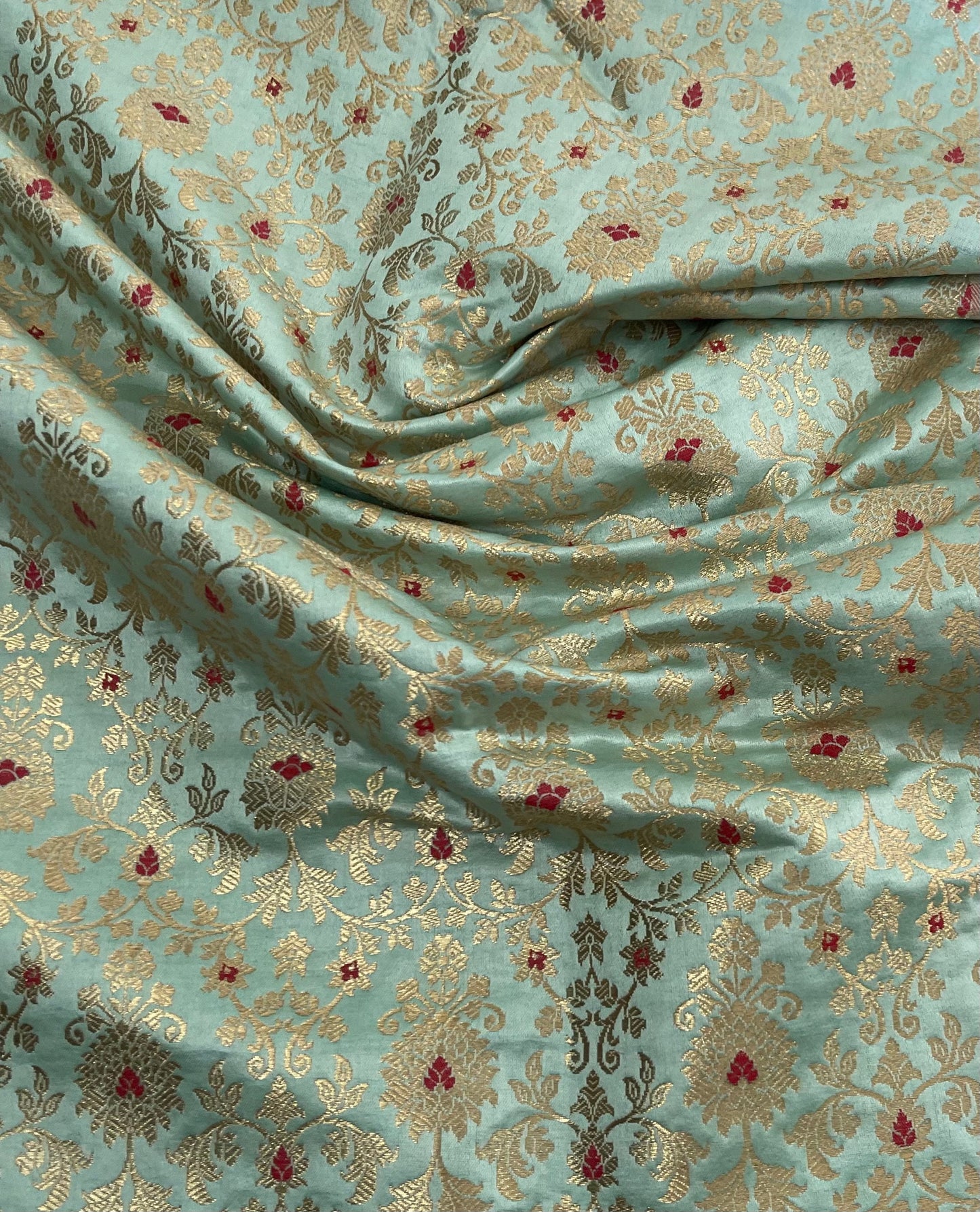 Indian Banarasi Brocade Fabric in Green and Gold color, Multiple lengths will come in the continuous Piece - NF702