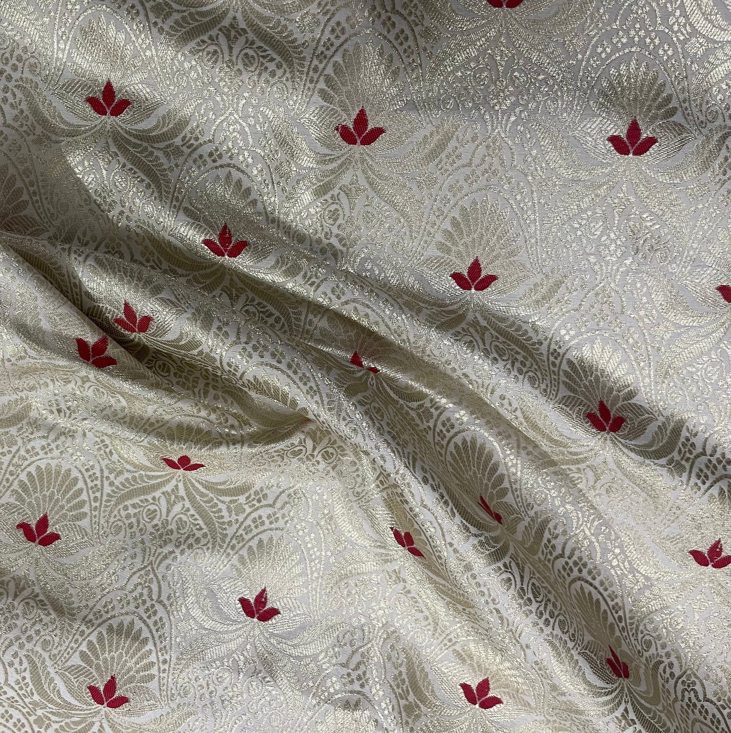 Indian Banarasi Brocade Fabric in Off white and Gold color, Multiple lengths will come in the continuous Piece - NF731