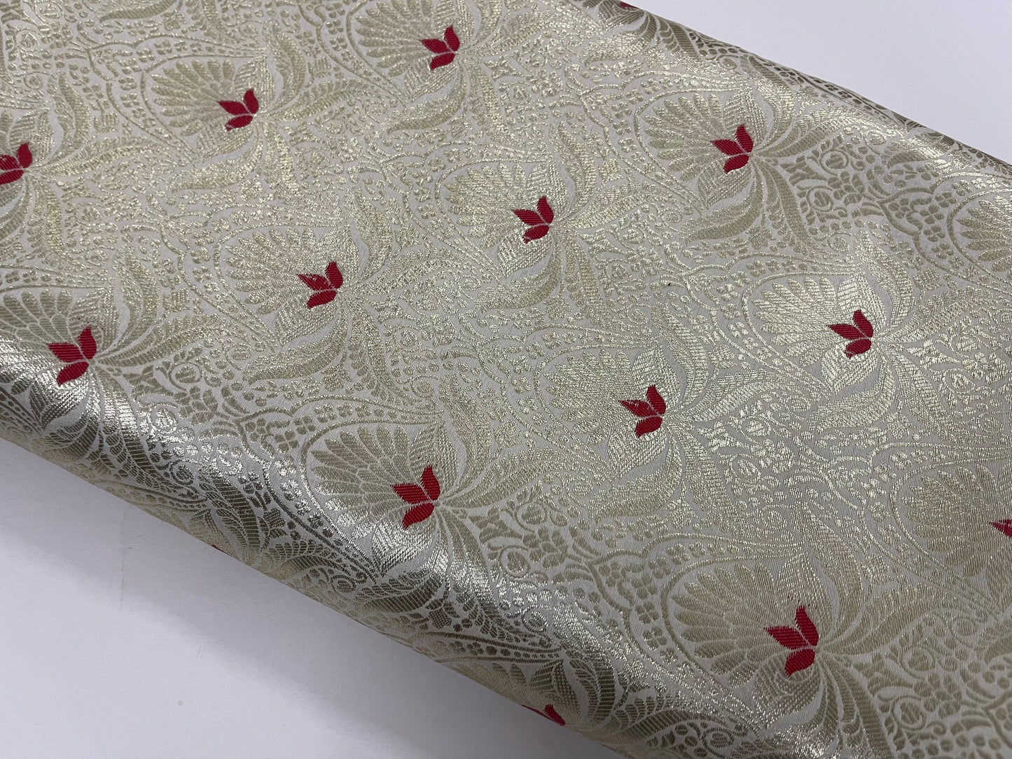 Indian Banarasi Brocade Fabric in Off white and Gold color, Multiple lengths will come in the continuous Piece - NF731