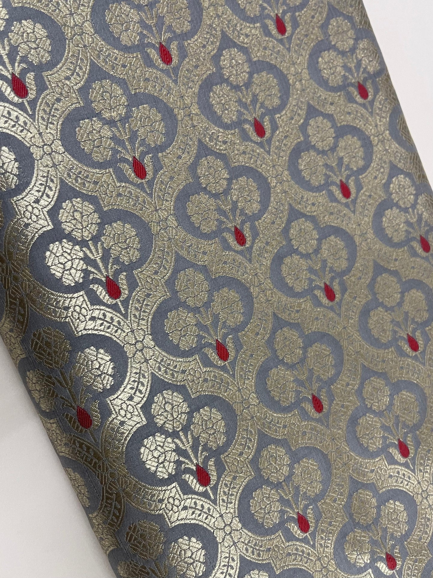 Indian Banarasi Brocade fabric in Gray and Gold color, Multiple lengths will come in the continuous Piece - NF734