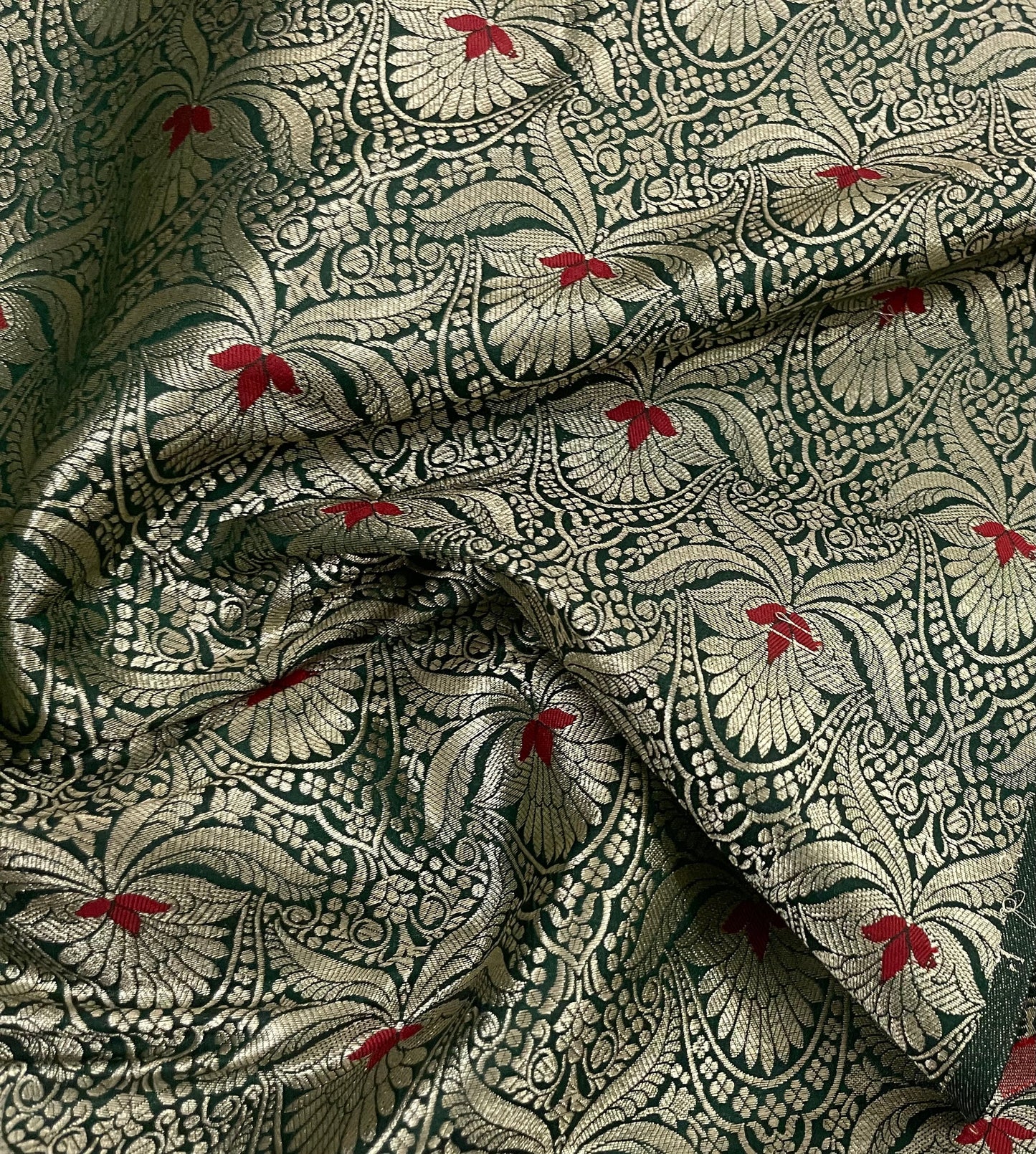 Indian Banarasi Brocade Fabric in Green and Gold color, Multiple lengths will come in the continuous Piece - NF730