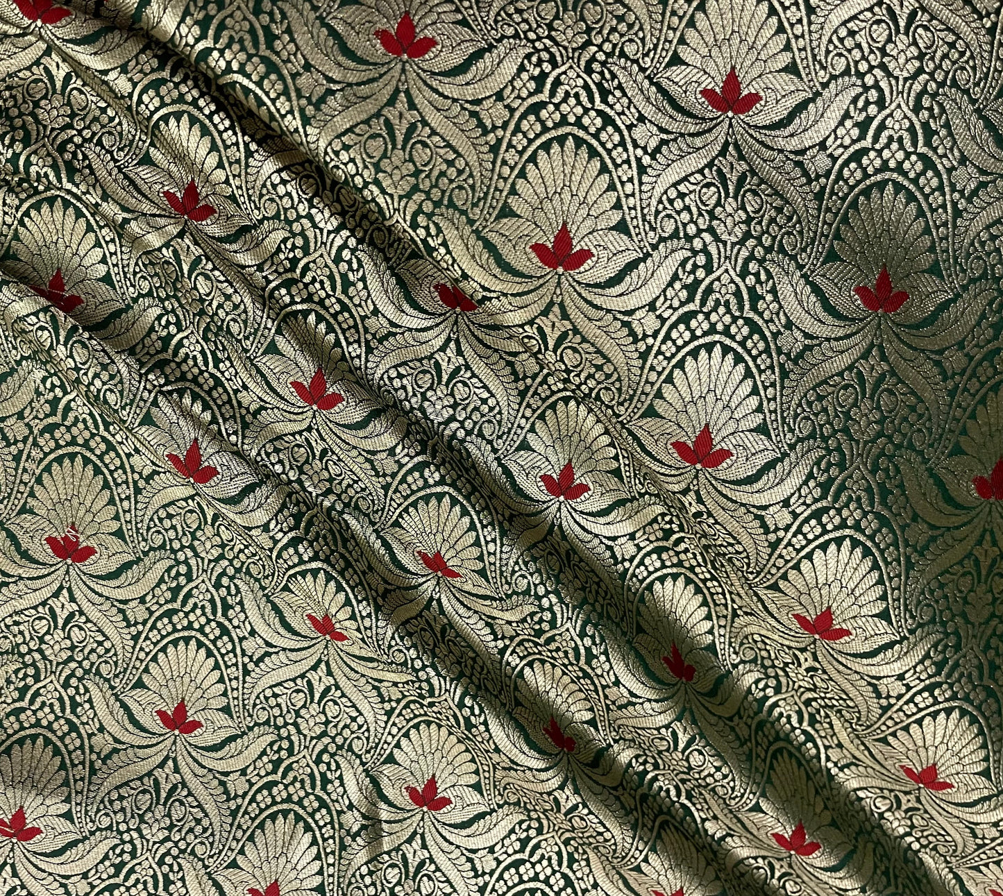 Indian Banarasi Brocade Fabric in Green and Gold color, Multiple lengths will come in the continuous Piece - NF730