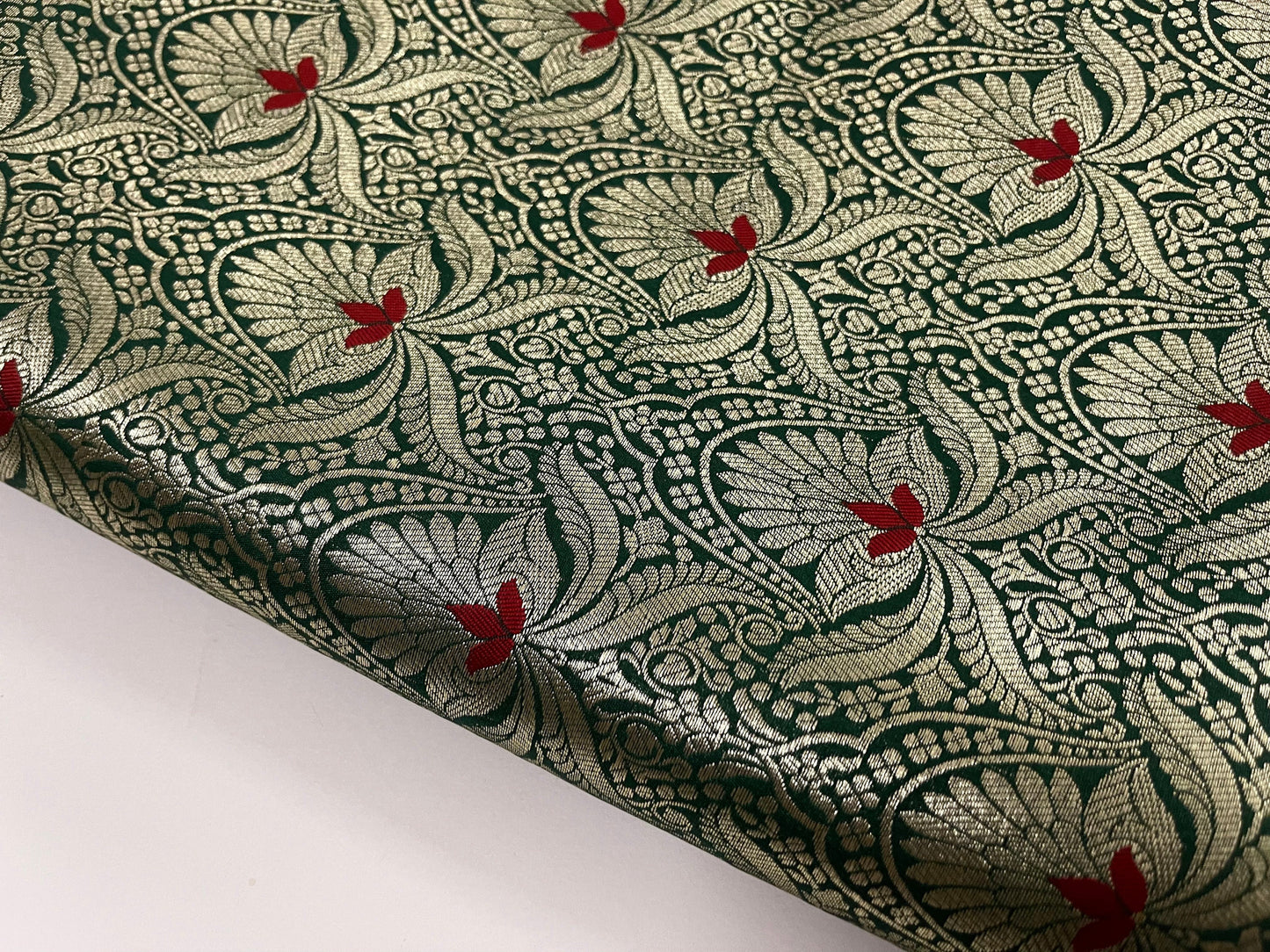 Indian Banarasi Brocade Fabric in Green and Gold color, Multiple lengths will come in the continuous Piece - NF730