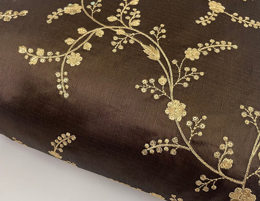 Embroidered fabric, Brown and gold wedding dress fabric, Indian fabric, Bridesmaid dress, Luxury fabric, Thread embroidery, Gold fabric - NFAF723