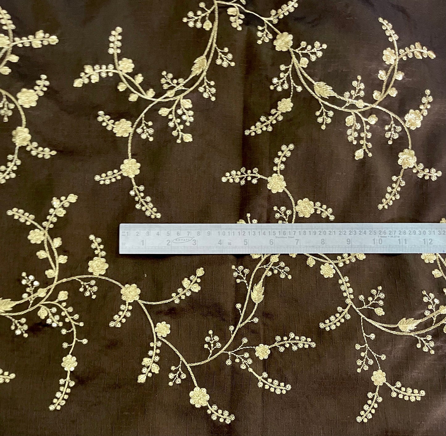 Indian Embroidered Fabric in Brown and Gold Color, Multiple lengths will come in the continuous piece - NF723