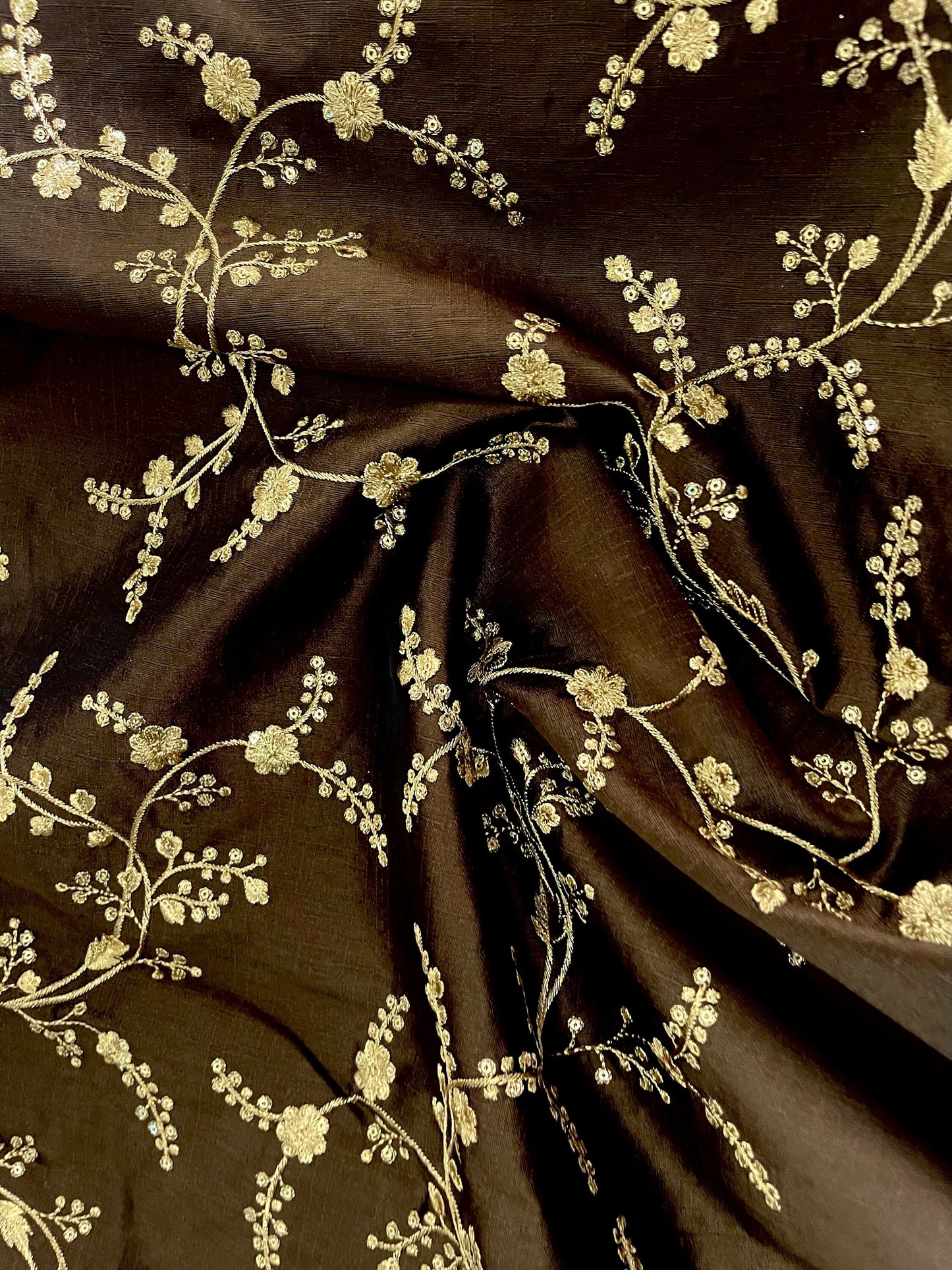 Indian Embroidered Fabric in Brown and Gold Color, Multiple lengths will come in the continuous piece - NF723