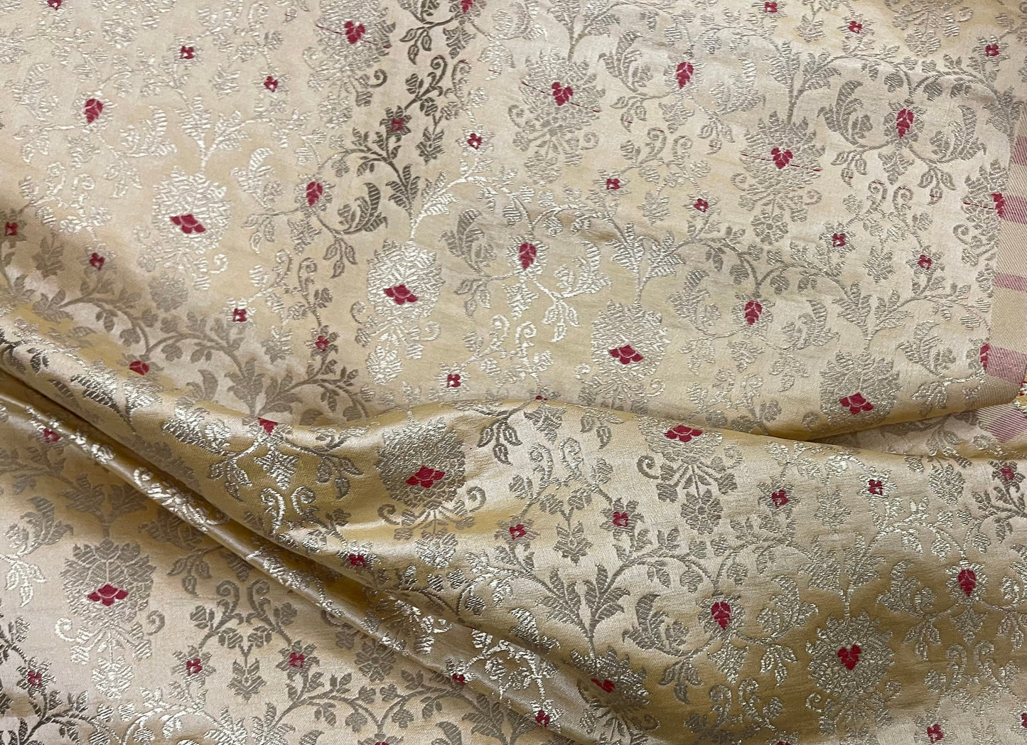 Indian Banarasi Brocade fabric in Beige and Gold color, Multiple lengths will come in a continuous piece - NF712