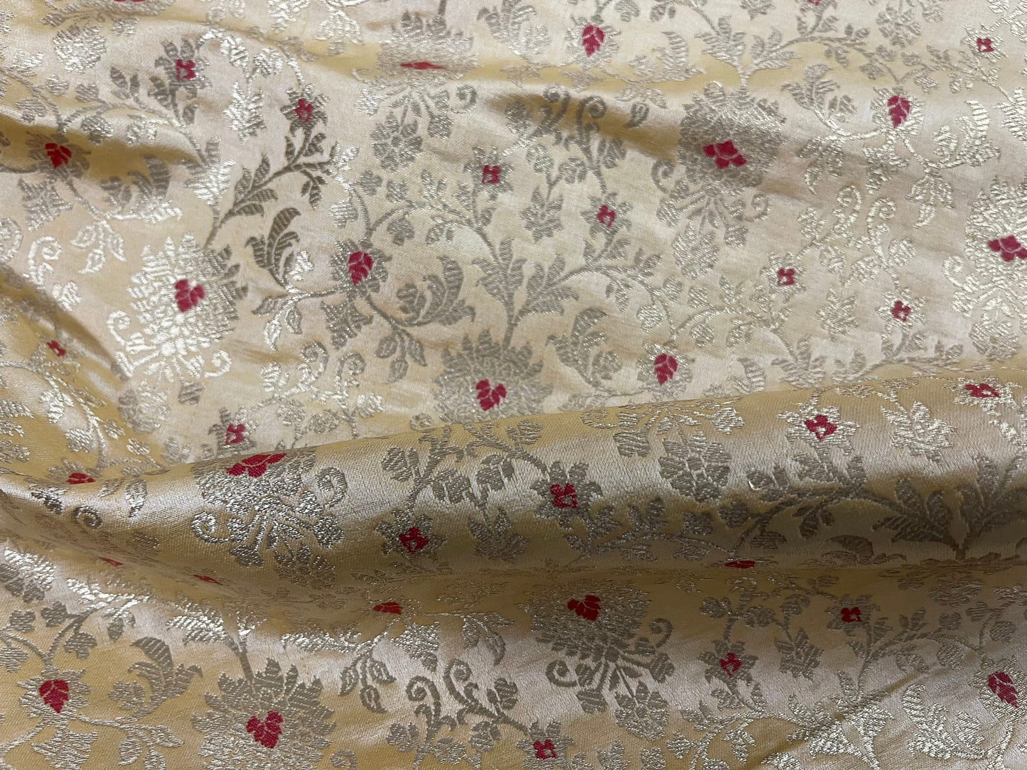 Indian Banarasi Brocade fabric in Beige and Gold color, Multiple lengths will come in a continuous piece - NF712