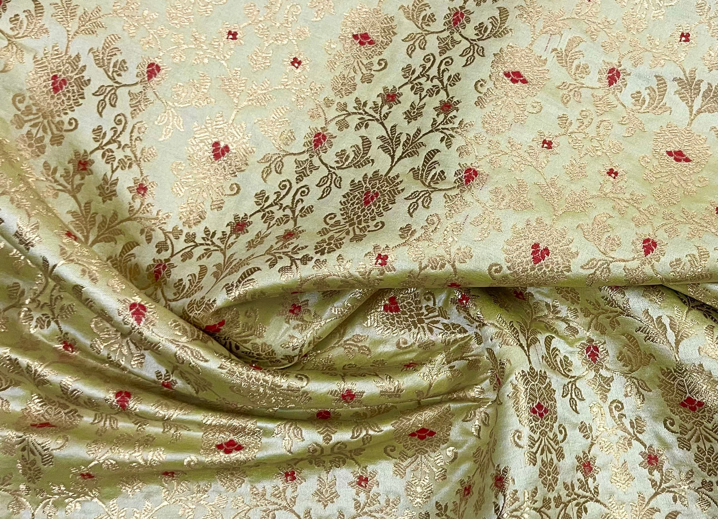 Indian Banarasi Brocade Fabric in Green and Gold color, Multiple lengths will come in the continuous Piece - NF714