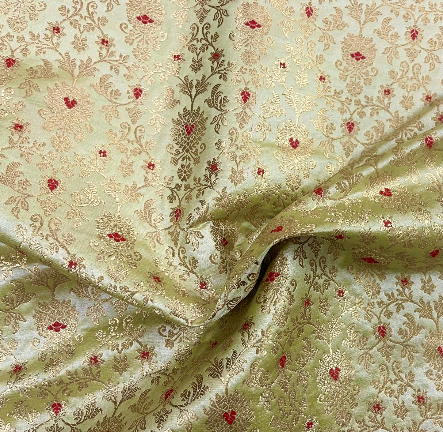 Indian Banarasi Brocade Fabric in Green and Gold color, Multiple lengths will come in the continuous Piece - NF714