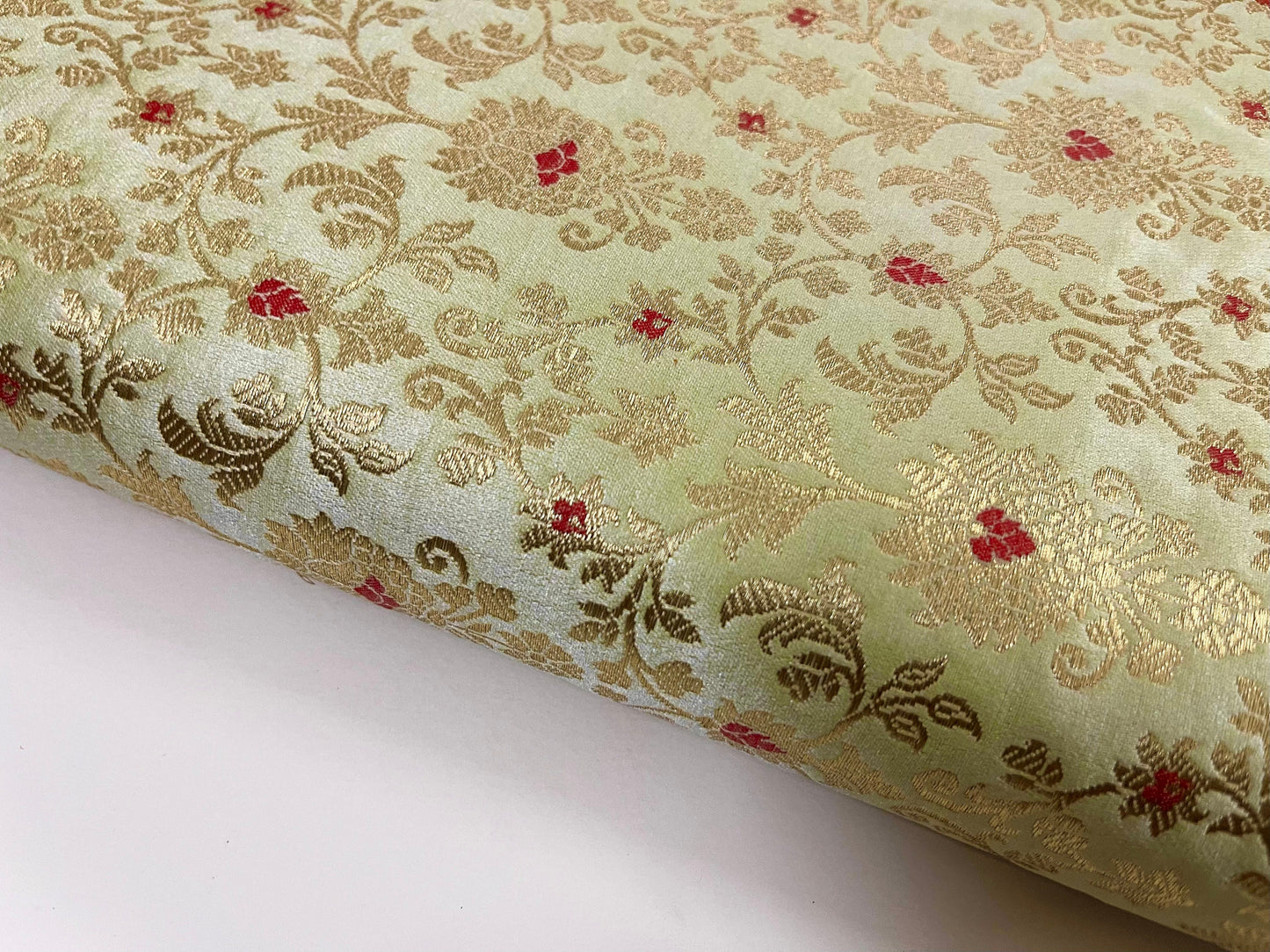 Indian Banarasi Brocade Fabric in Green and Gold color, Multiple lengths will come in the continuous Piece - NF714