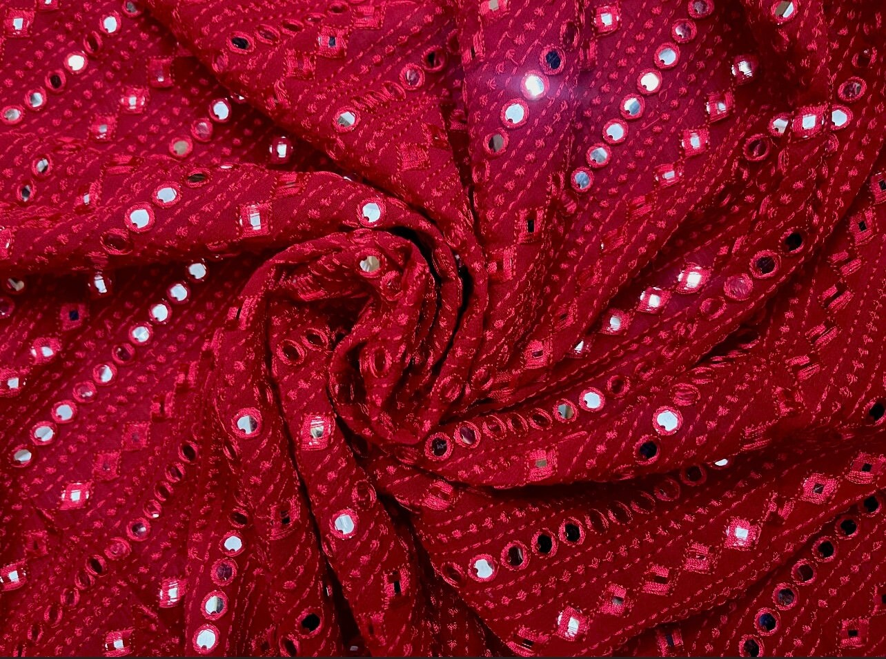 Embroidered Georgette Foil Mirror Fabric in Red color, Multiple lengths will come in the continuous Piece - NF735