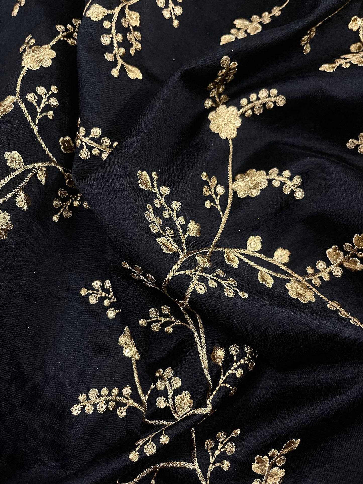 Indian Embroidered Fabric in Black & Gold color, Multiple lengths will come in the continuous piece - NF785