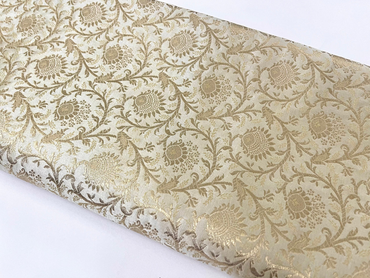 Indian Banarasi Brocade Fabric in Ivory and Gold color, Multiple Length will come in a continuous piece - NF775