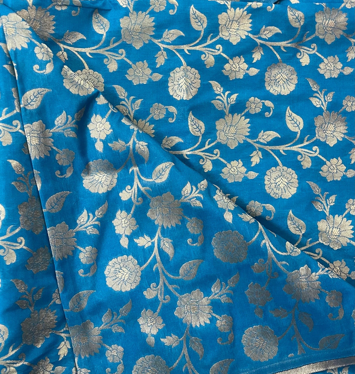 Indian Banarasi Brocade fabric in Blue and Gold color, Multiple lengths will come in the continuous piece - NF765