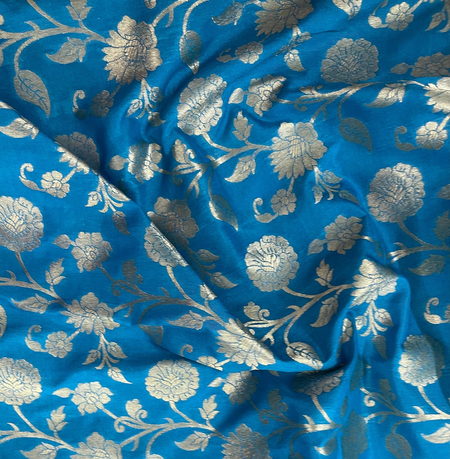 Indian Banarasi Brocade fabric in Blue and Gold color, Multiple lengths will come in the continuous piece - NF765